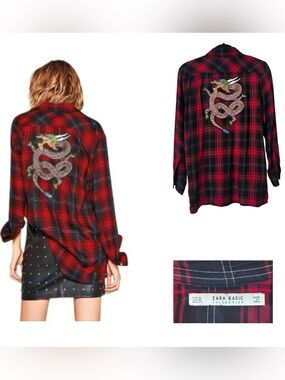 Zara Dragon Plaid Button Down Shirt Dress